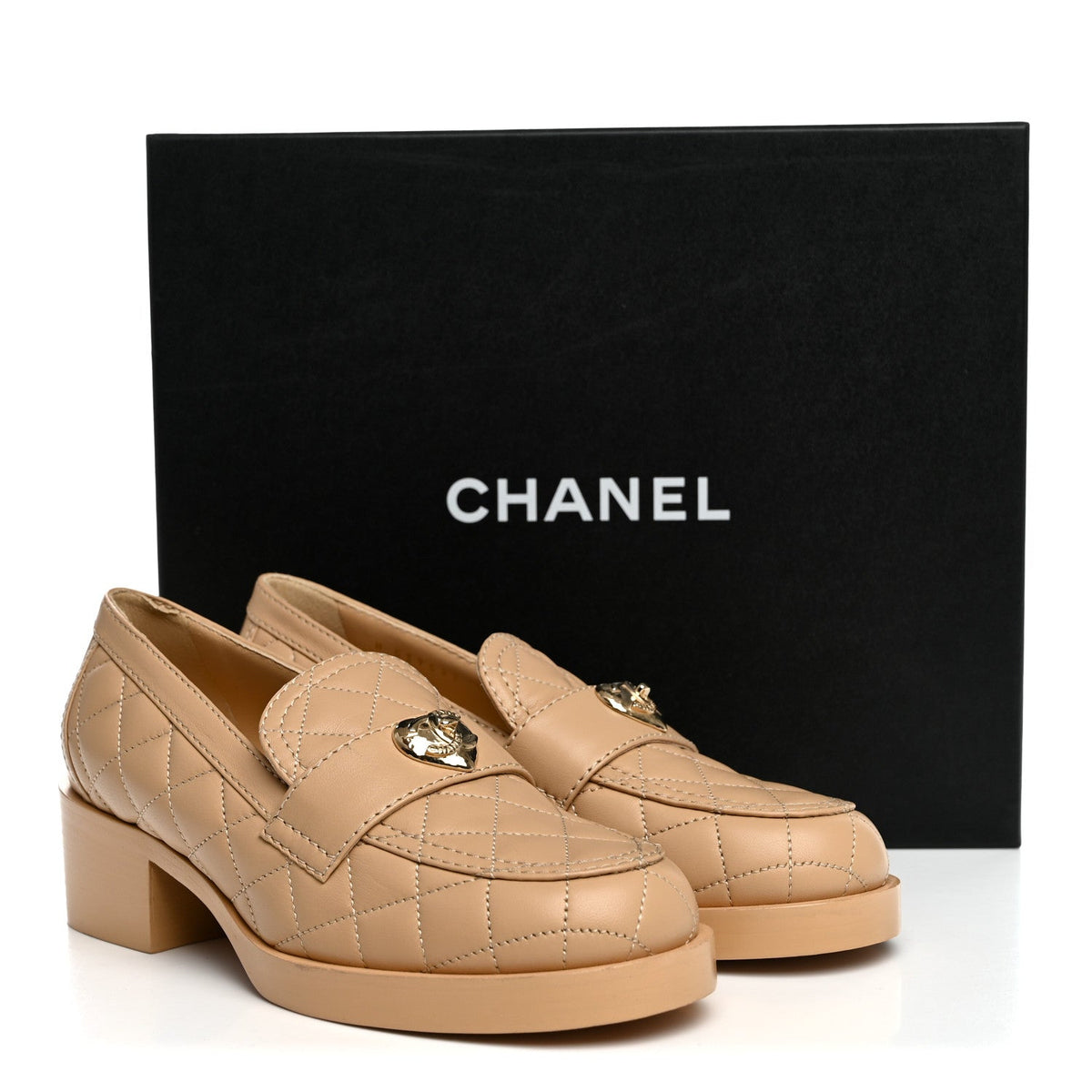 Chanel Lambskin Quilted Women's CC Heart Loafers 37 Beige