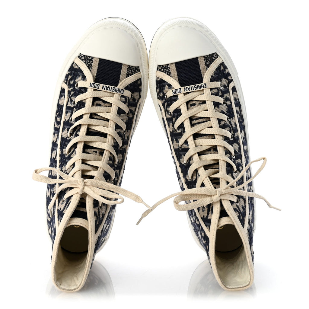Christian Dior Knit Calfskin Women's Oblique Walk'n Dior High Top Sneakers 41 Deep Blue