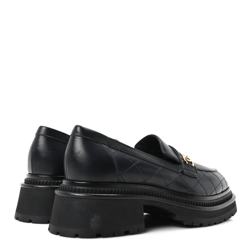 Chanel Calfskin Quilted CC Women's Mocassin Loafers Navy Blue