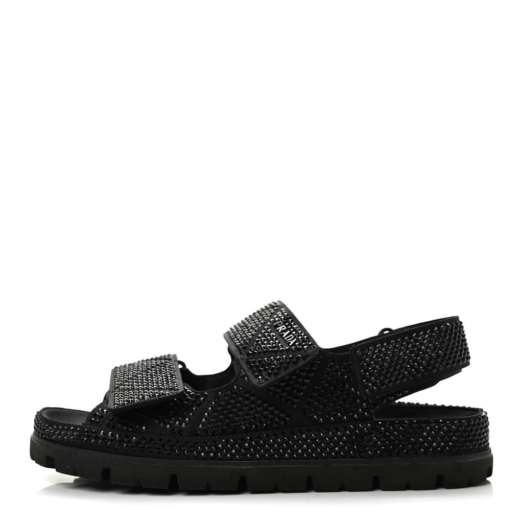 Prada Satin Crystal Women's Logo Velcro Sandals 37.5 Black
