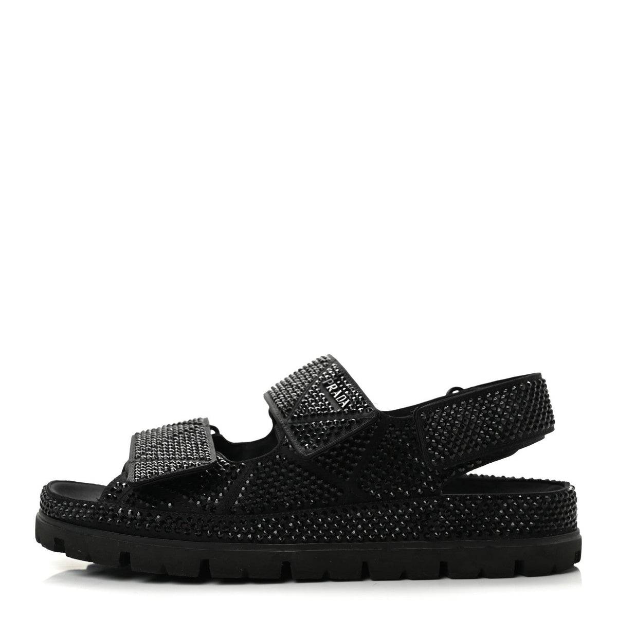 Prada Satin Crystal Women's Logo Velcro Sandals 37.5 Black