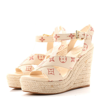 Louis Vuitton Empreinte Monogram Women's Starboard Espadrille Wedge Sandals 37 Creme Rose Trianon