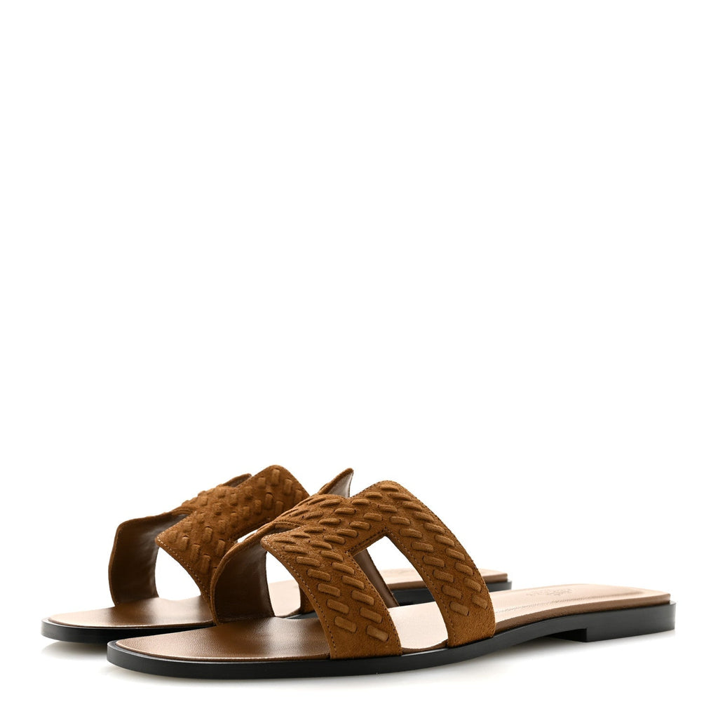Hermes Suede Goatskin Braided Women's Oran Sandals Brun Fume