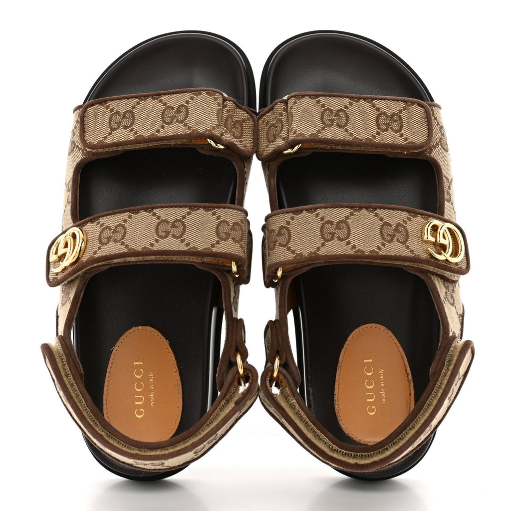 Gucci GG Monogram Eco Fabric Women's Slide Sandals 37 Beige Ebony