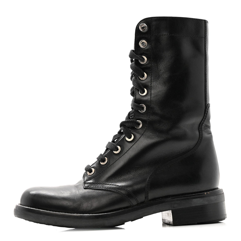 Chanel Calfskin Women's Lace Up Combat Boots 39.5 Black