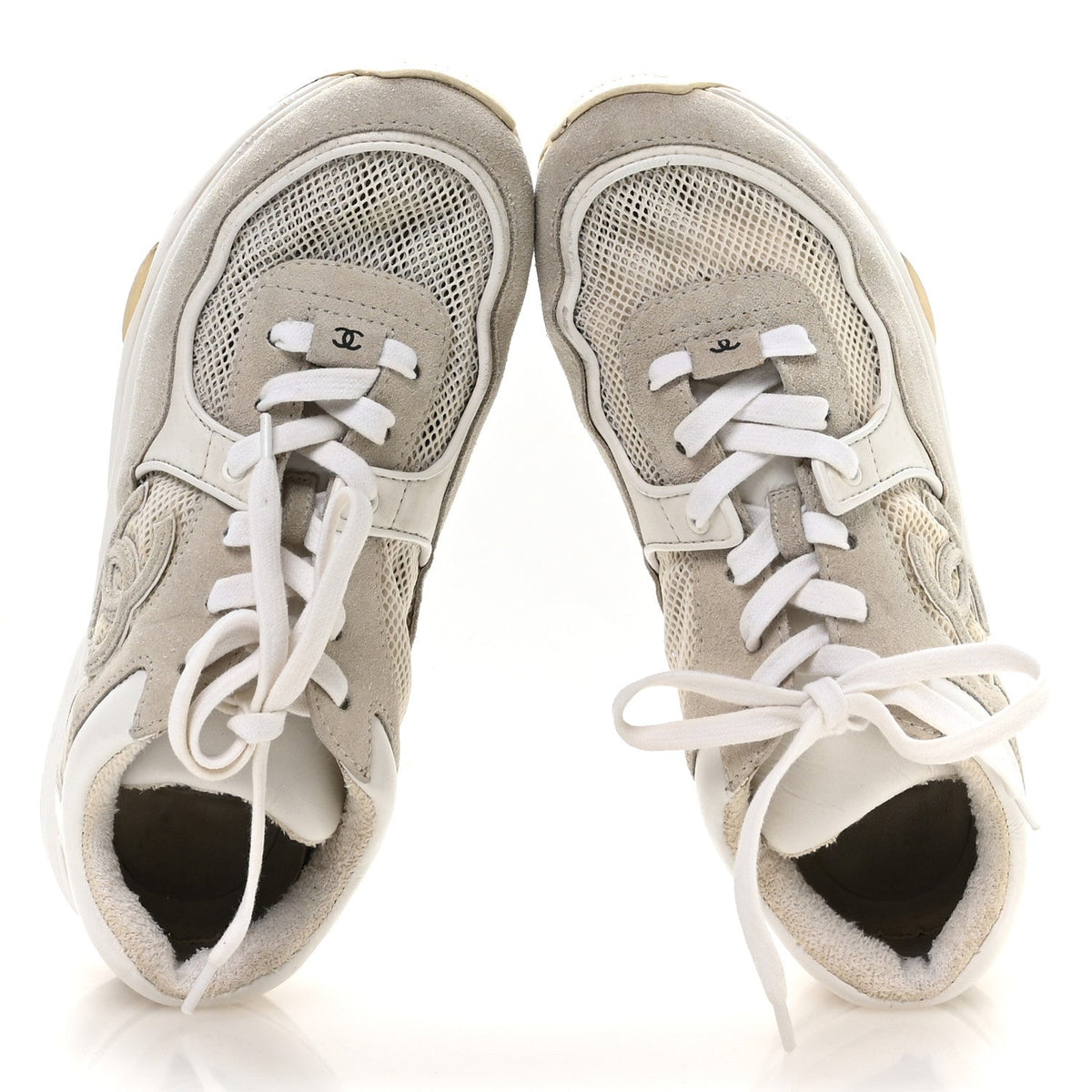 Chanel Suede Calfskin Women's CC Sneakers 37.5 White