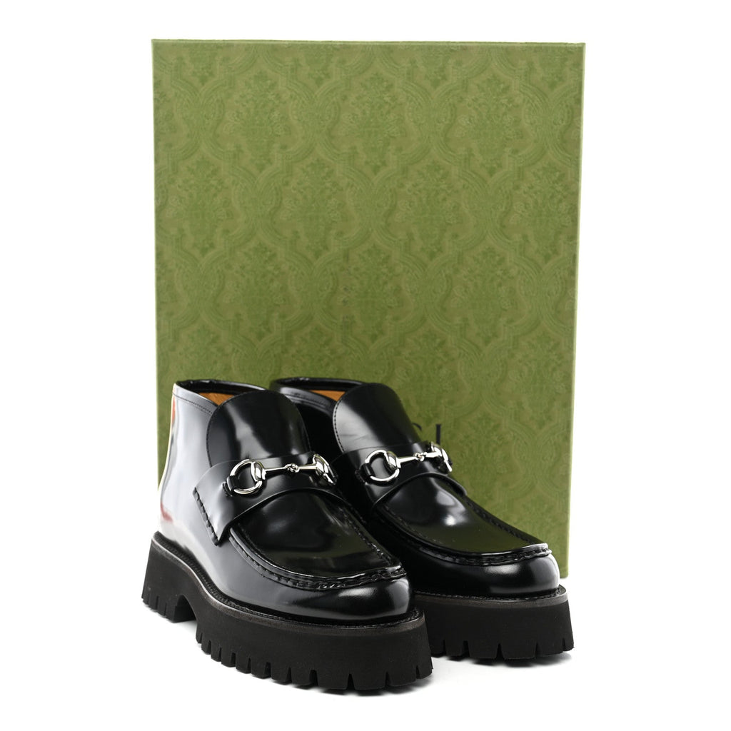 Gucci Cordovan Lux Calfskin Women's Horsebit Platform Ankle Boots 38.5 Black