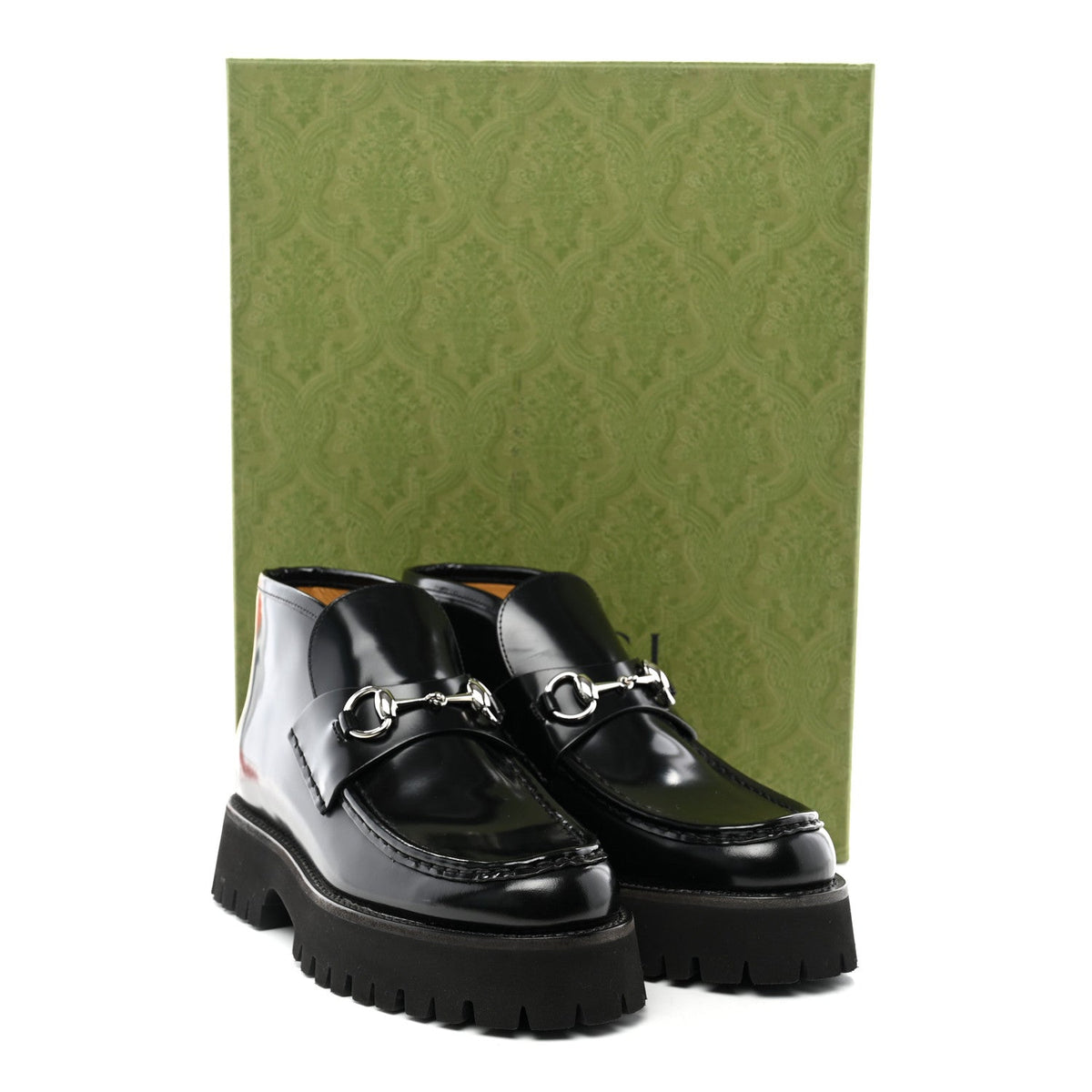 Gucci Cordovan Lux Calfskin Women's Horsebit Platform Ankle Boots 38.5 Black