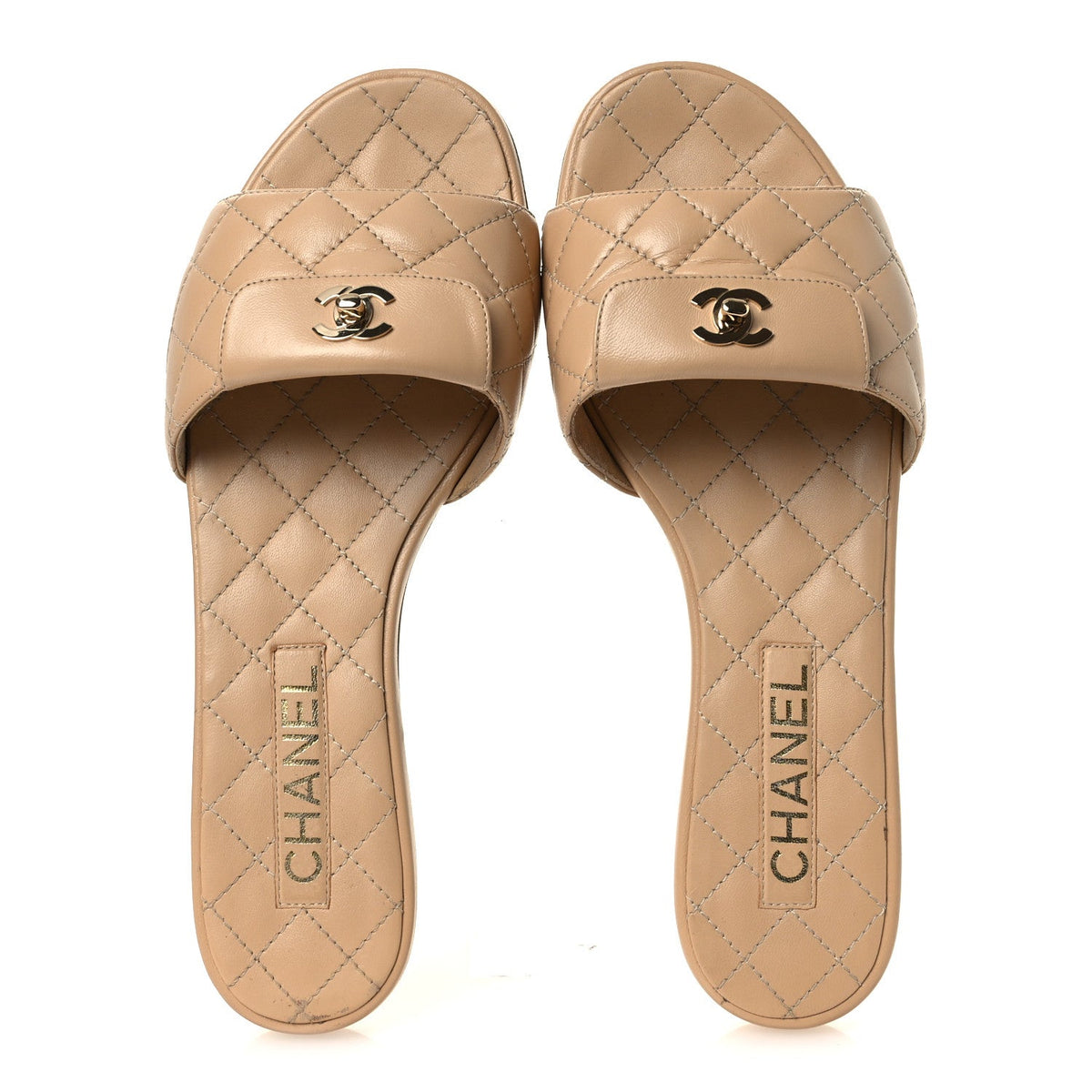 Chanel Lambskin Women's Quilted CC Turnlock Sandals 39 Beige