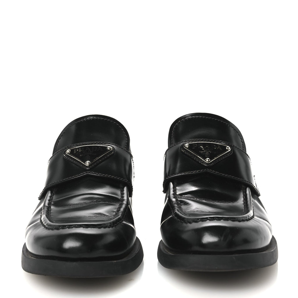 Prada Spazzolato Metal Triangle Logo 20mm Women's Loafers Black