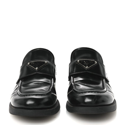 Prada Spazzolato Women's Metal Triangle Logo 20mm Loafers 40 Black
