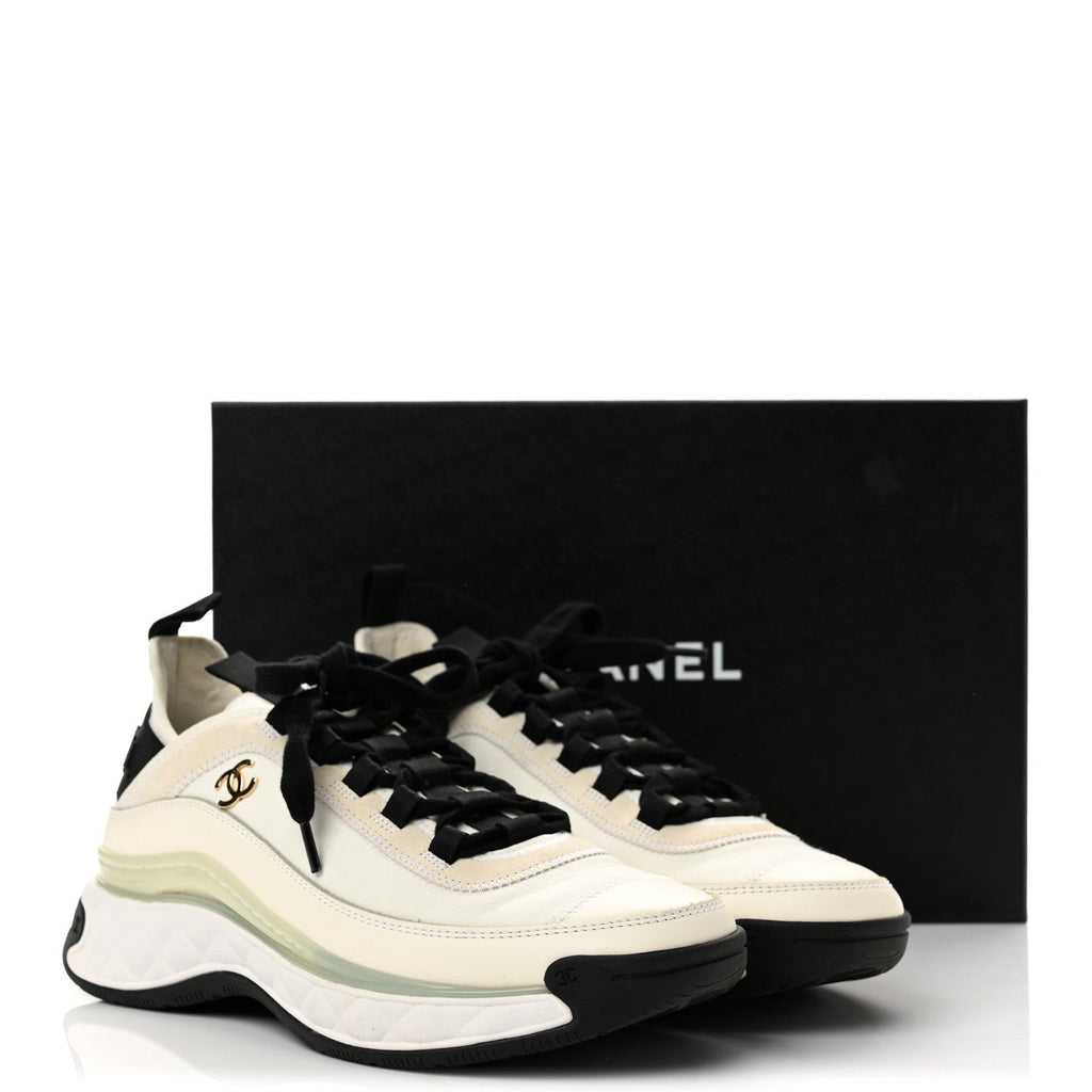 Chanel Velvet Calfskin Mixed Fibers Women's CC Sneakers 37.5 Ivory Black