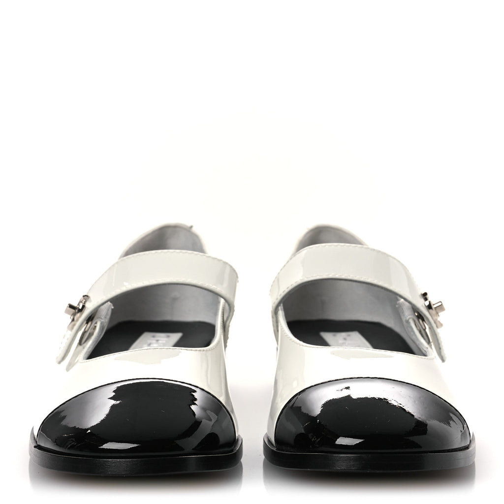 Chanel Patent Calfskin Women's Mary Janes Flats 39 White Black