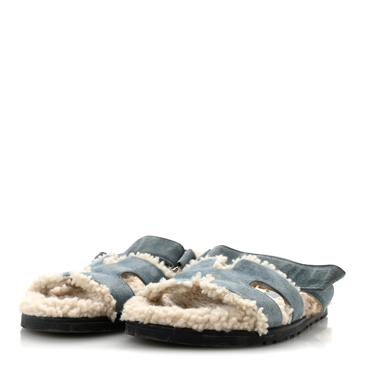 Hermes Suede Goatskin Woolskin Women's Chypre Sandals 38.5 Bleu Pinede Ecru