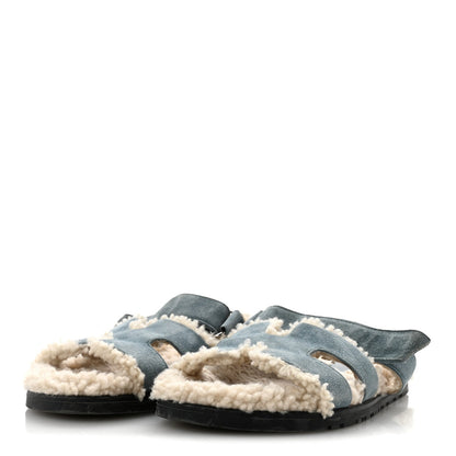 Hermes Suede Goatskin Woolskin Women's Chypre Sandals 38.5 Bleu Pinede Ecru