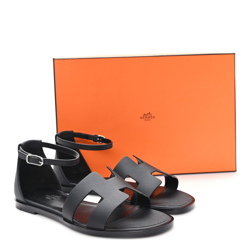 Hermes Epsom Calfskin Women's Santorini Sandals 38 Black