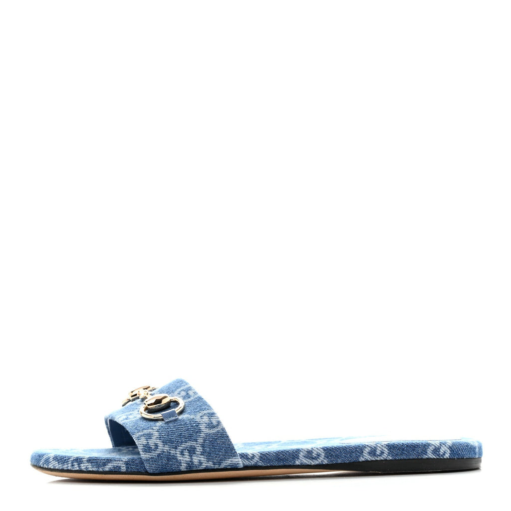 Gucci Denim Women's GG Monogram Horsebit Flat Slide Sandals 36 Blue