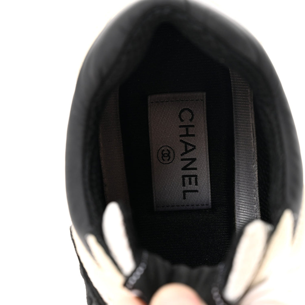 Chanel Mesh Suede Calfskin Womens CC Sneakers 39.5 White Black