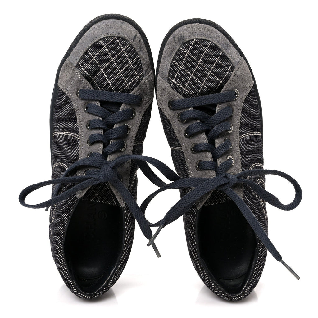 Chanel Toile Suede Calfskin Women's CC Low Top Sneakers 36 Dark Grey