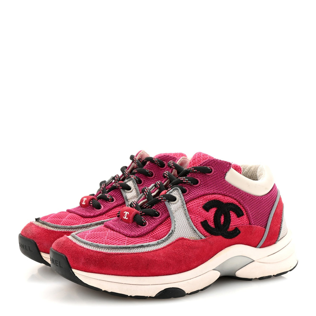 Chanel Mesh Suede Calfskin Women's CC Sneakers 35 Dark Pink Silver
