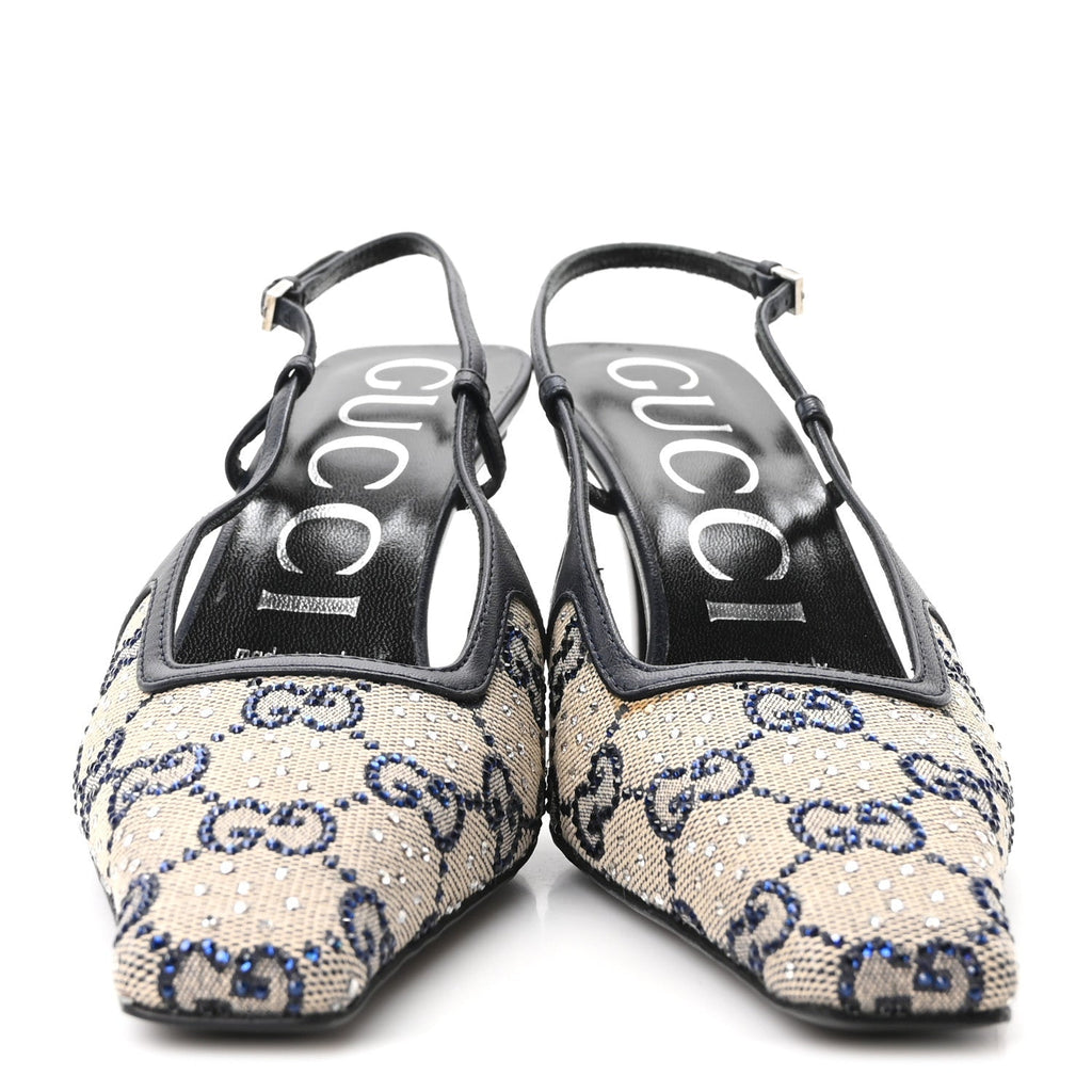 Gucci GG Monogram Malaga Kid Women's Square G Slingback Pumps 36.5 Beige Blue