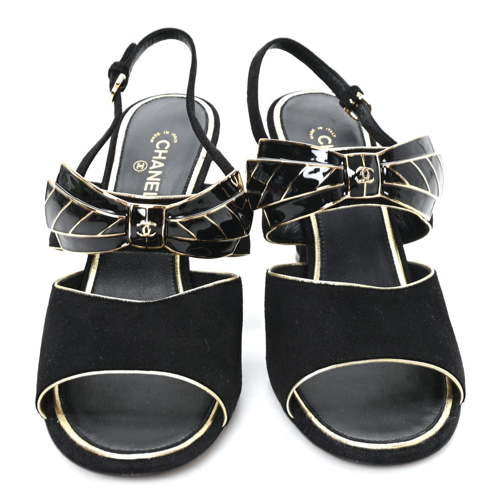 Chanel Suede Women's CC Bow Slingback Pumps 37.5 Black Gold
