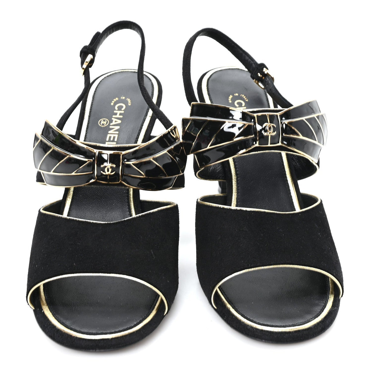 Chanel Suede Women's CC Bow Slingback Pumps 37.5 Black Gold
