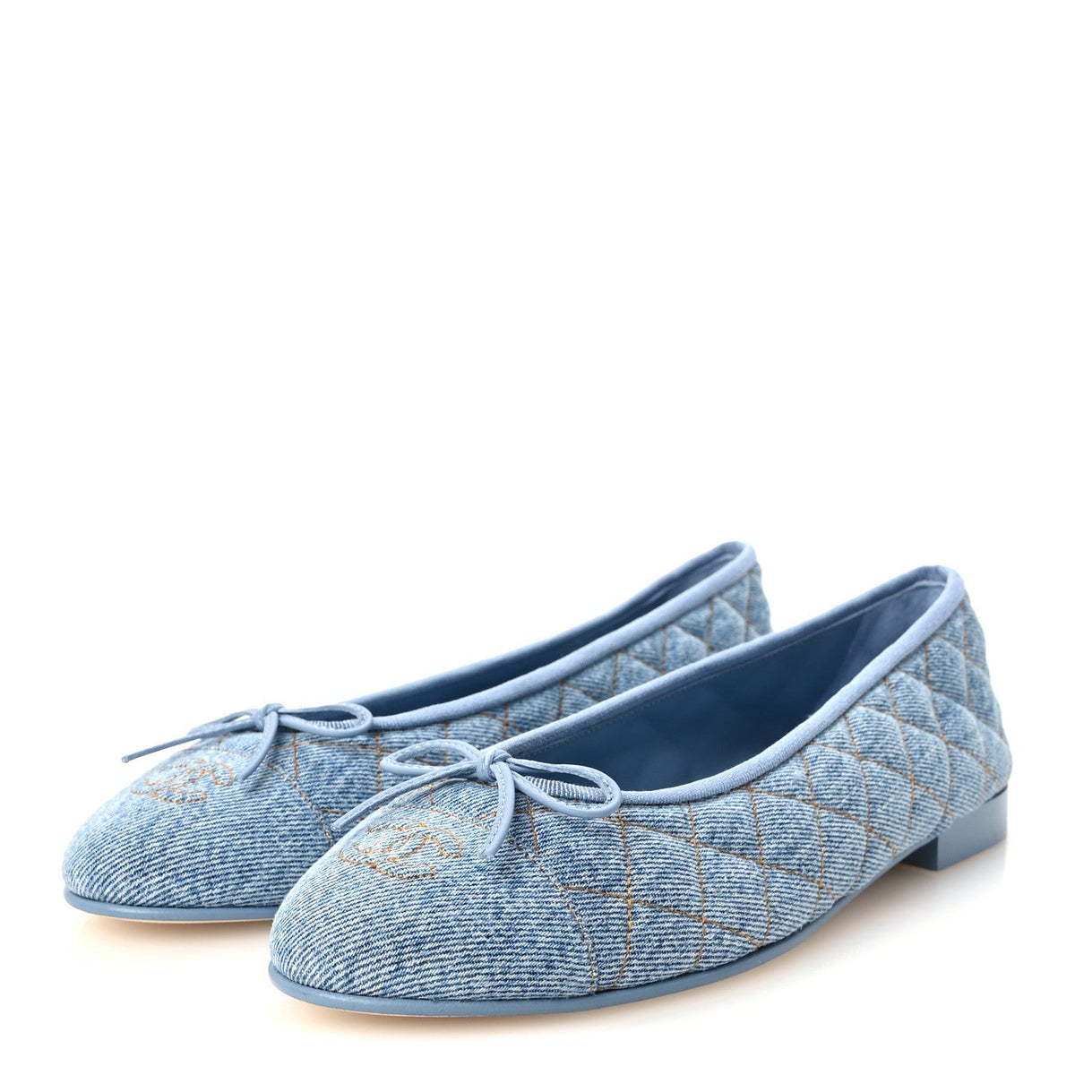 Chanel Denim Quilted CC Cap Toe Women's Ballerina Flats Light Blue