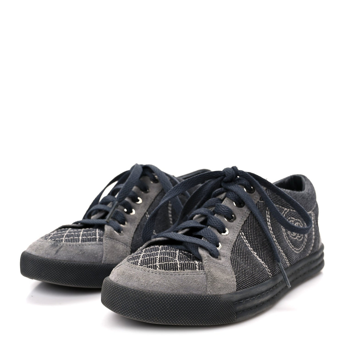 Chanel Toile Suede Calfskin Women's CC Low Top Sneakers 36 Dark Grey