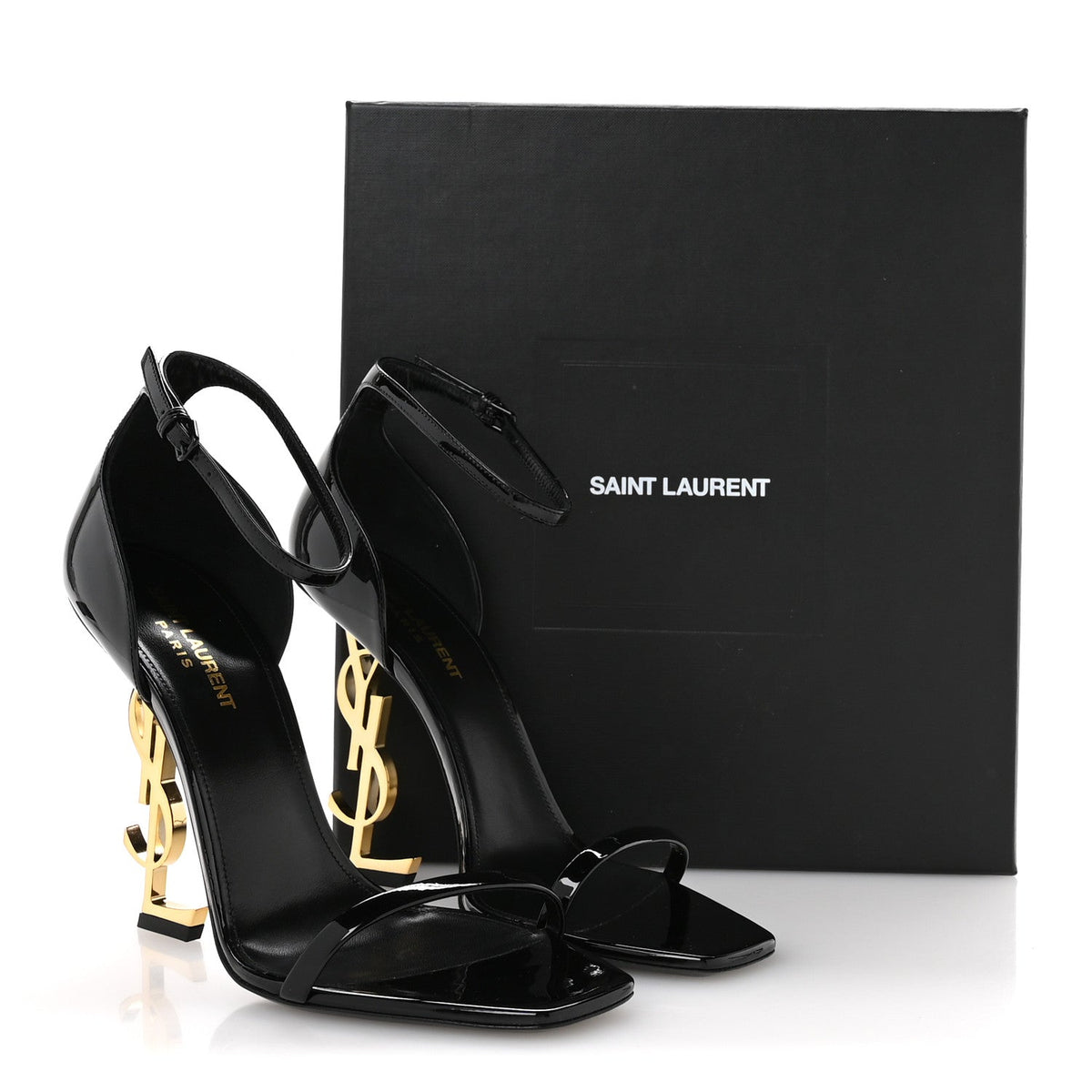 Saint Laurent Patent Calfskin Women's Opyum 110 Sandals 39.5 Black Gold