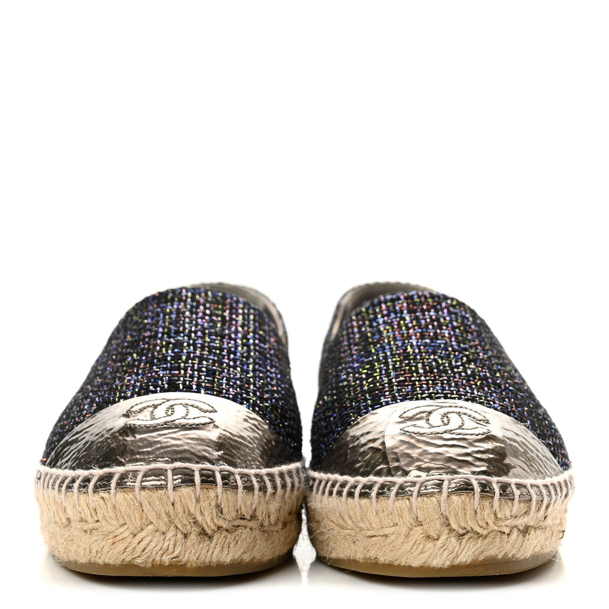 Chanel Tweed Patent Goatskin Women's CC Espadrilles 39 Black Pink Yellow