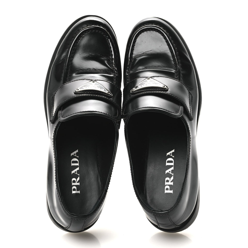 Prada Spazzolato Metal Triangle Logo 20mm Women's Loafers Black