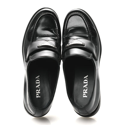 Prada Spazzolato Women's Metal Triangle Logo 20mm Loafers 40 Black