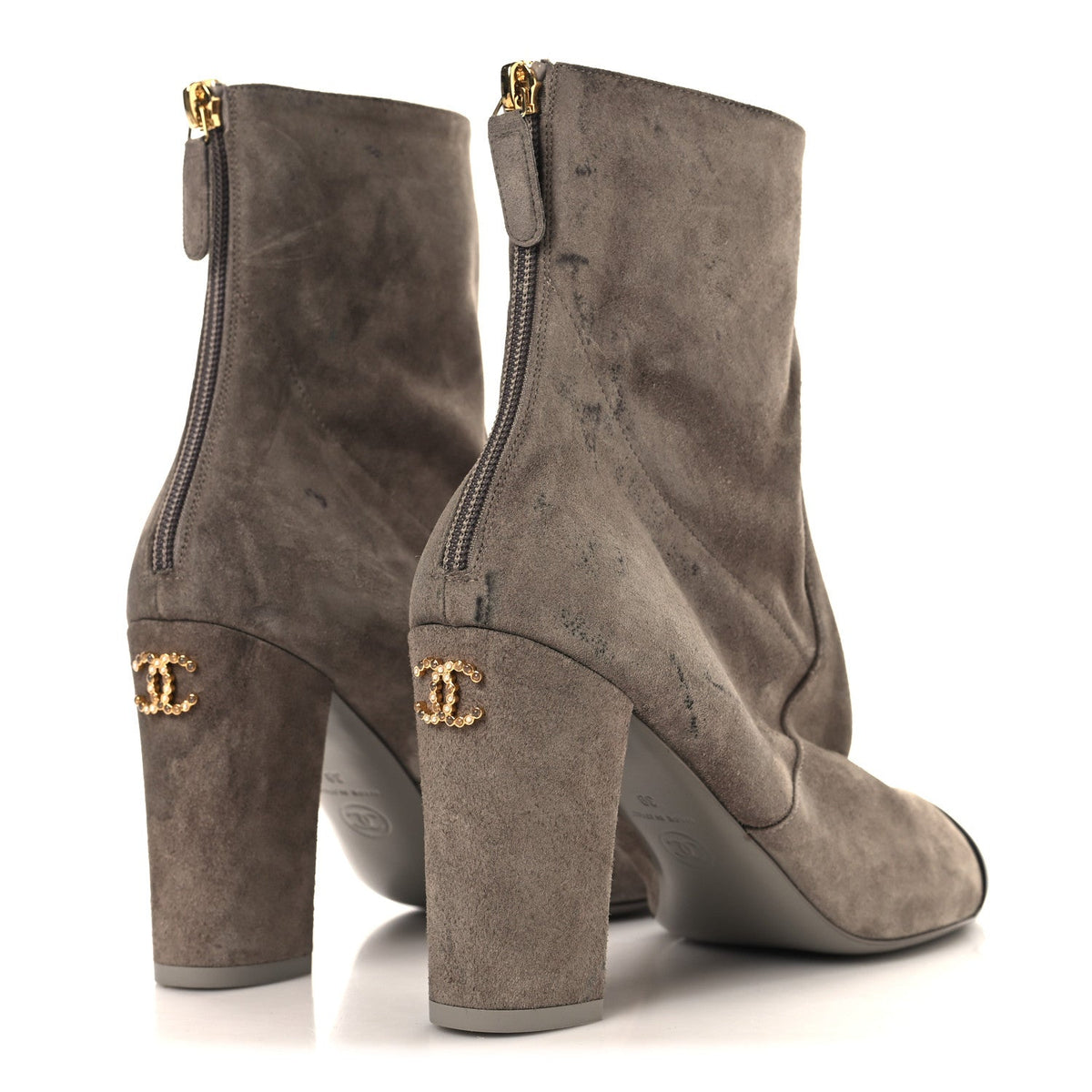 Chanel Suede Lambskin Women's Cap Toe CC Boots 39 Beige Black