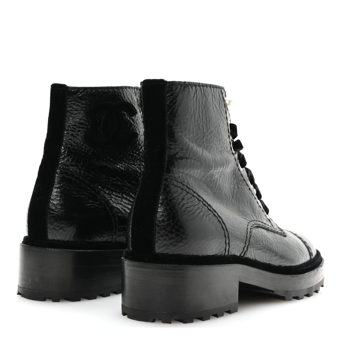Chanel Shiny Calfskin Velvet Women's Combat Short Boots 37.5 Black