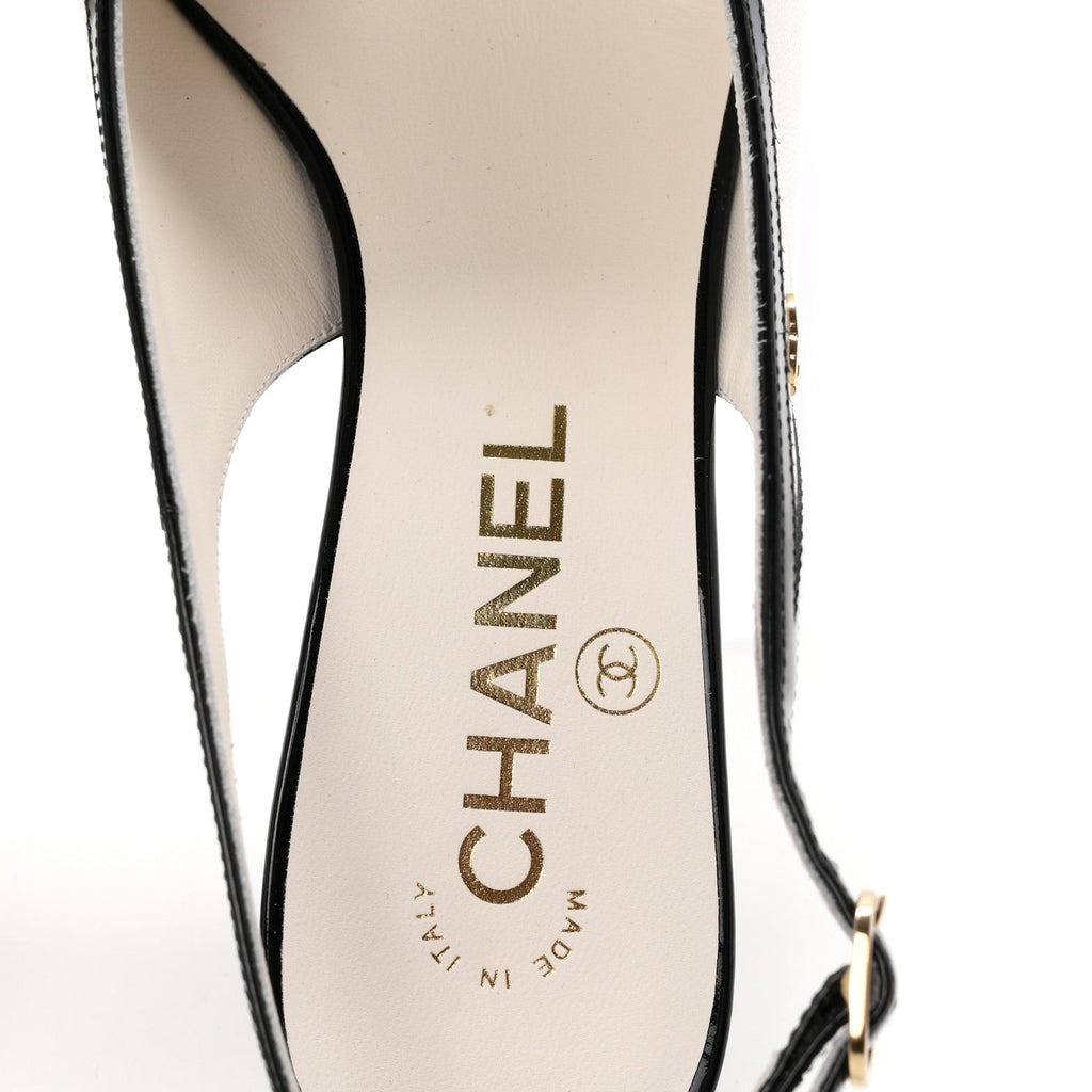 Chanel Lambskin Patent Calfskin Women's Cap Toe CC Slingback Pumps 38 White Black