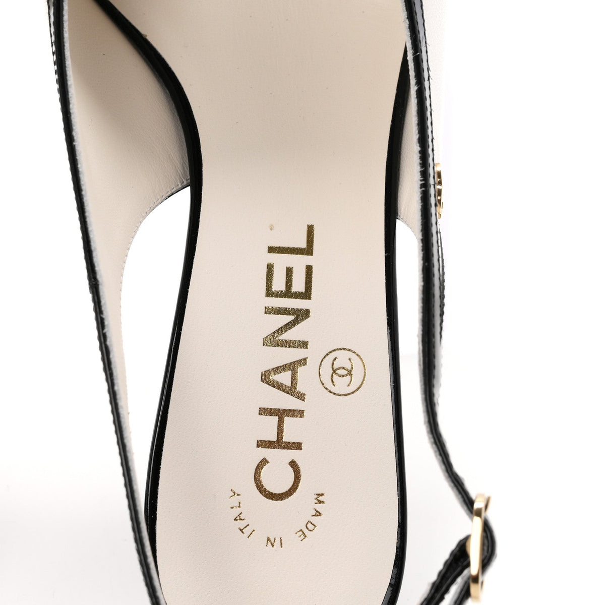 Chanel Lambskin Patent Calfskin Women's Cap Toe CC Slingback Pumps 38 White Black