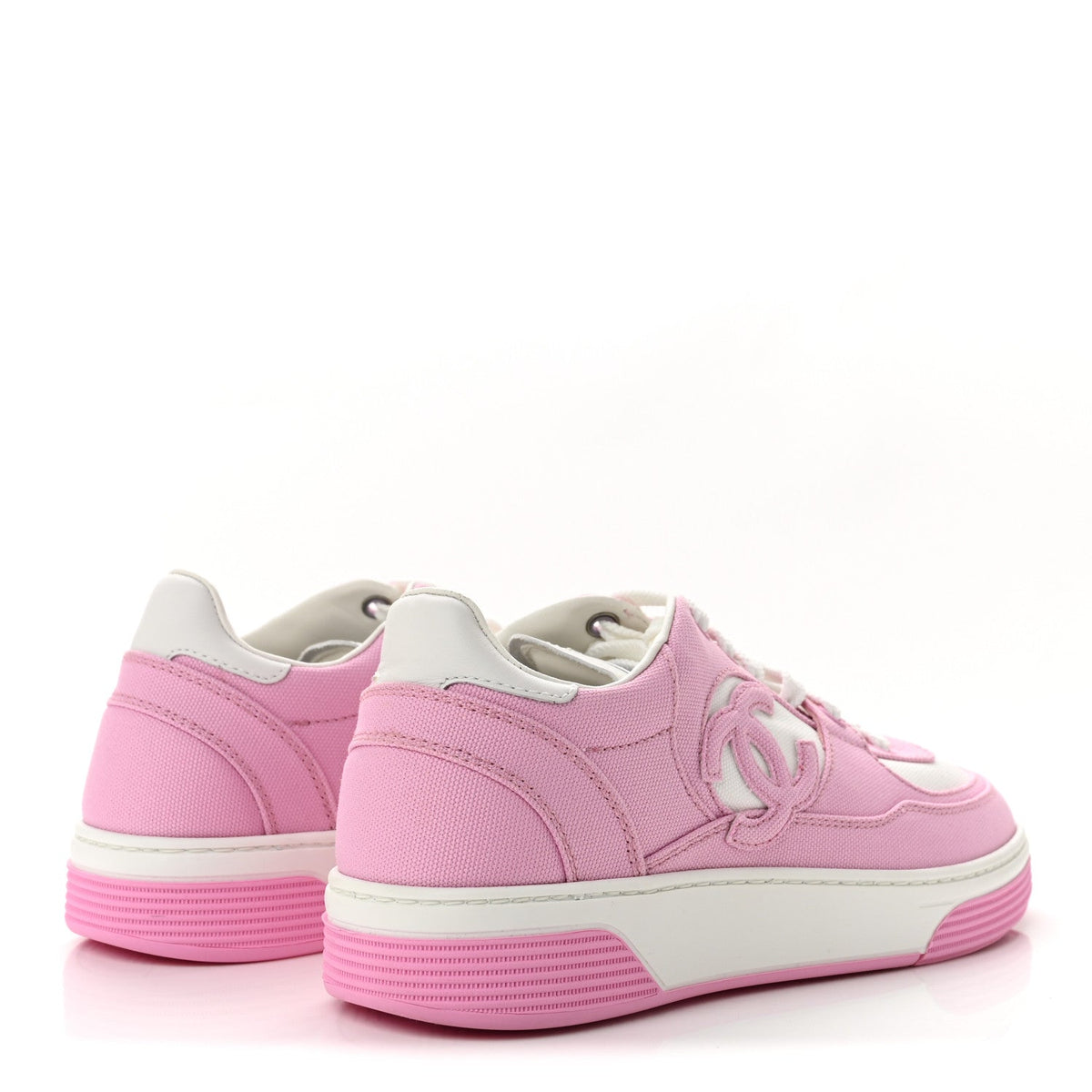 Chanel Cotton Calfskin Women's CC Sneakers 37.5 Pink White