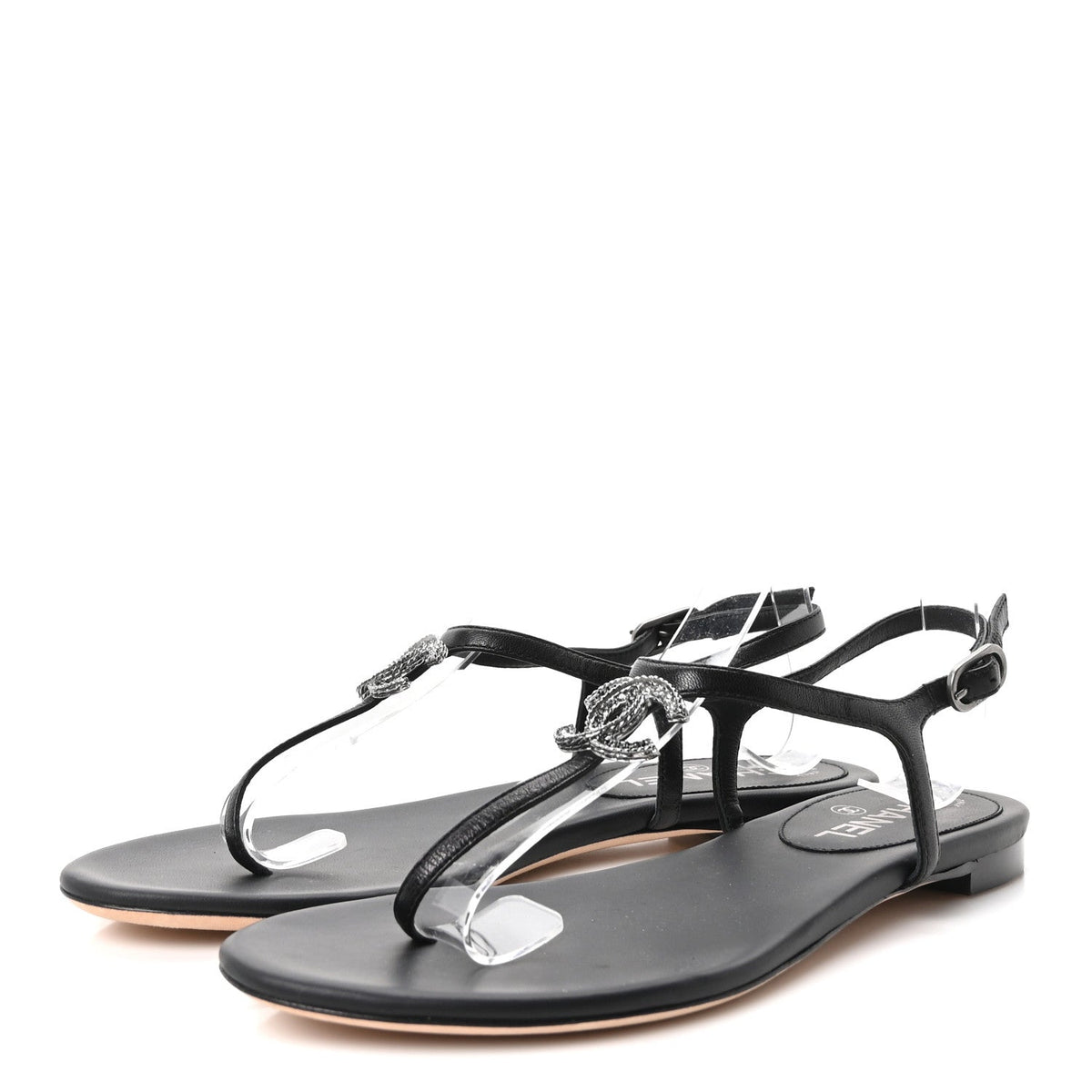 Chanel Lambskin Crystal CC Women's Thong Sandals 38 Black