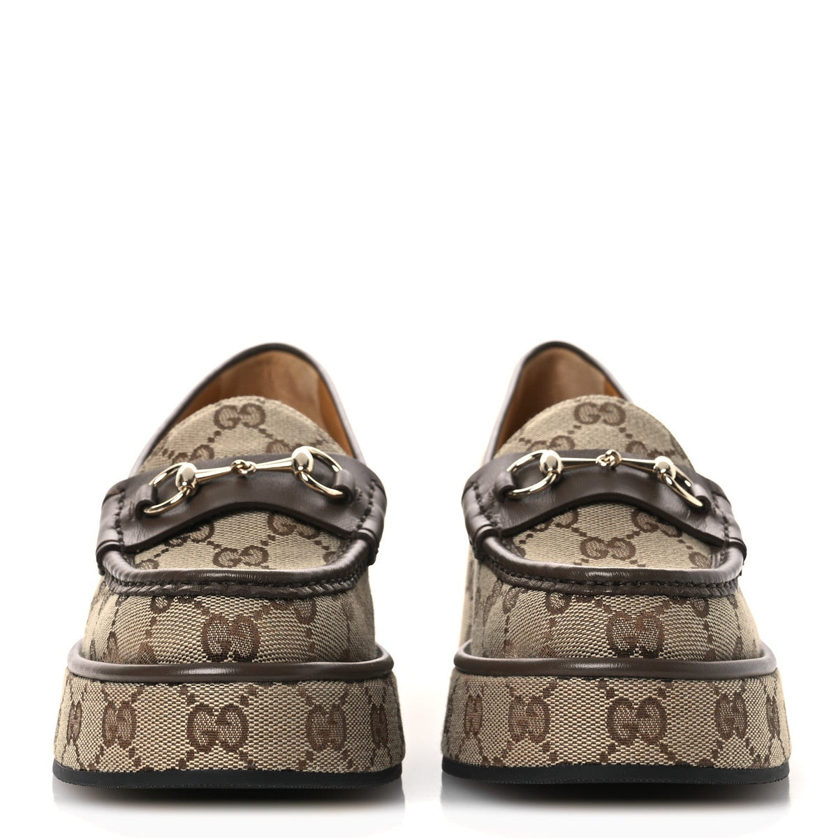 Gucci Monogram Canvas Women's Horsebit Wedge Platform Loafers 37 Beige Ebony