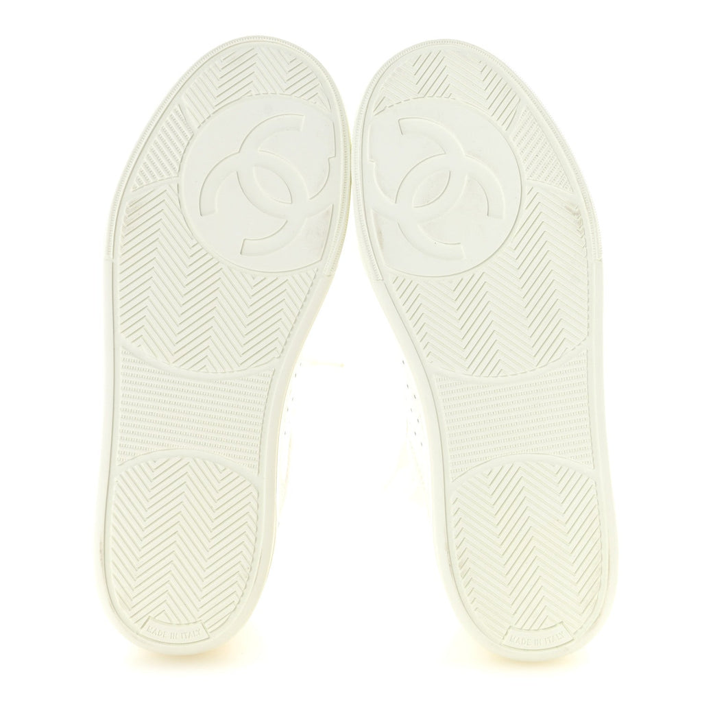 Chanel Grained Calfskin Fabric Women's Logo Sneakers 37.5 White