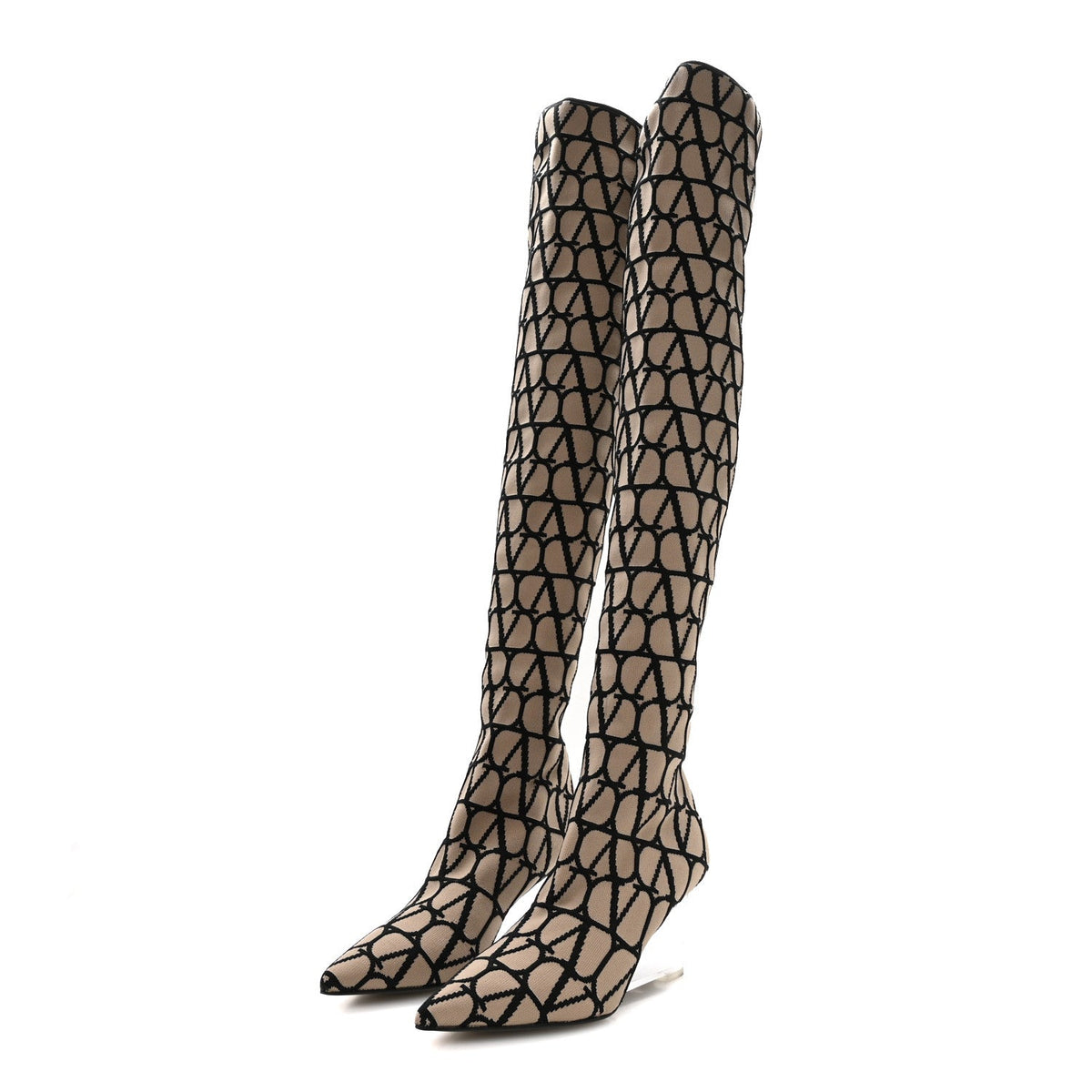 Valentino Garavani Calfskin Women's VLogo Over the Knee Boots 37.5 Naturale Nero