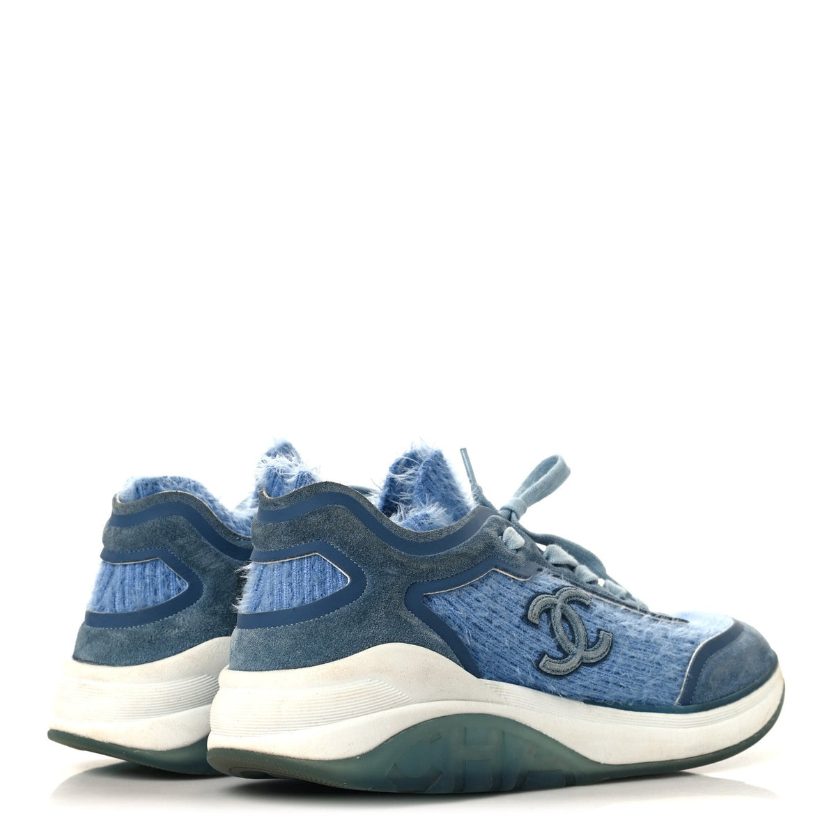 Chanel Suede Calfskin Stretch Fabric CC Women's Sneakers 40.5 Light Blue