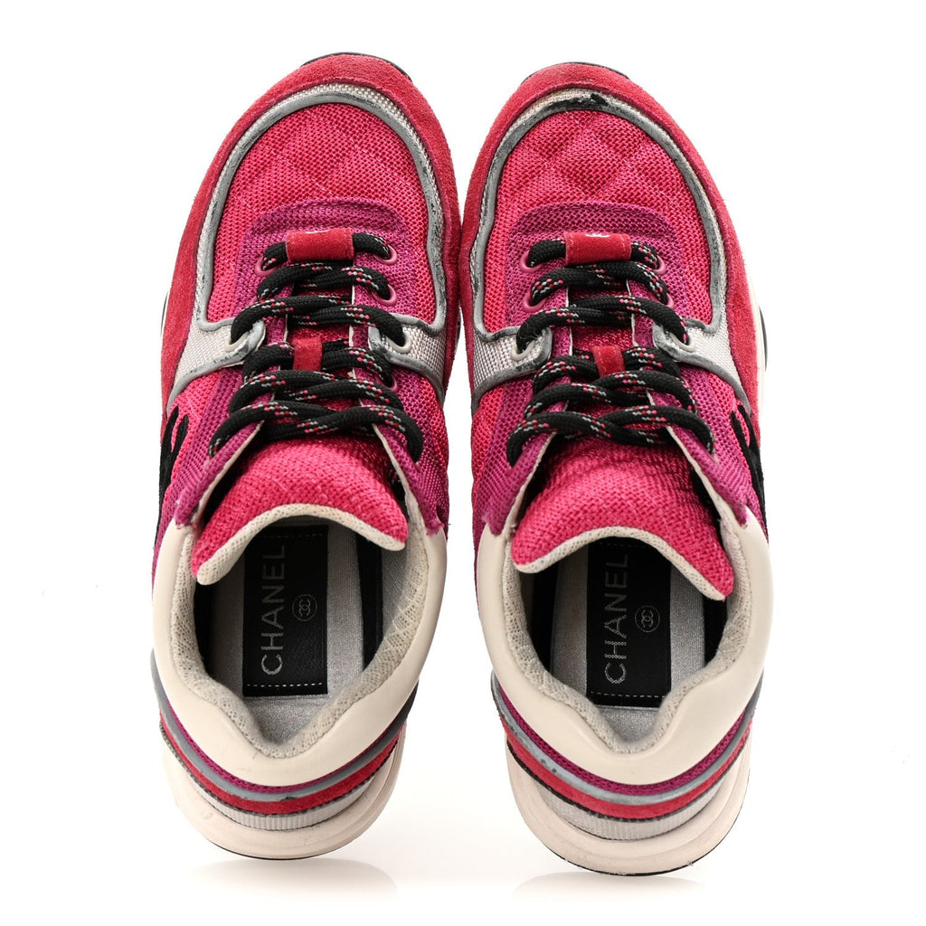 Chanel Mesh Suede Calfskin Women's CC Sneakers 35 Dark Pink Silver