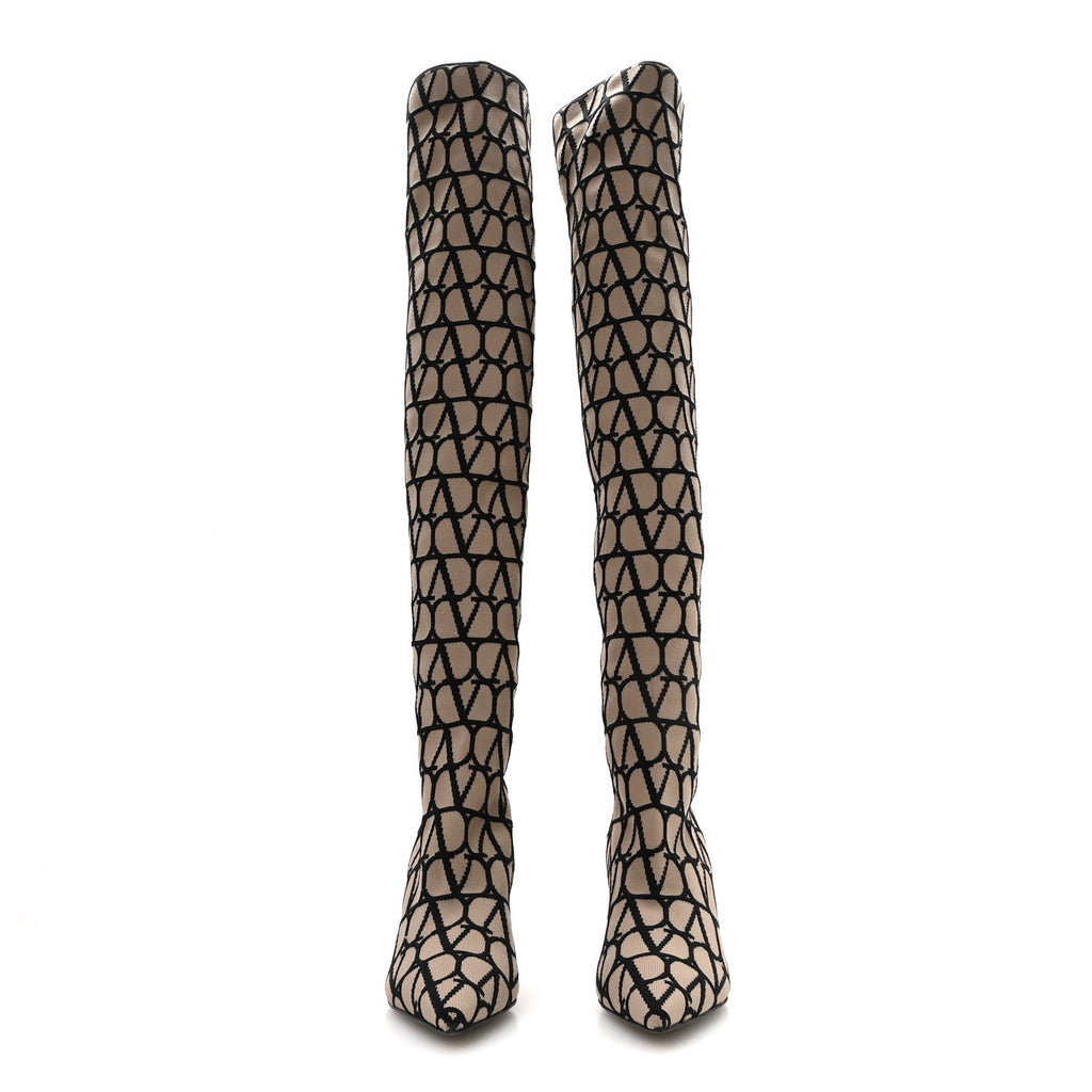 Valentino Garavani Calfskin Women's VLogo Over the Knee Boots 37.5 Naturale Nero