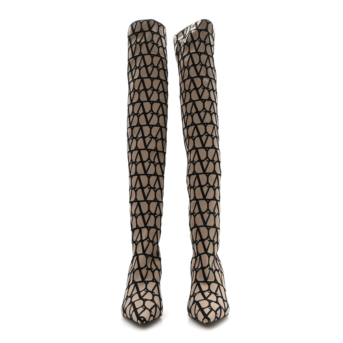 Valentino Garavani Calfskin Women's VLogo Over the Knee Boots 37.5 Naturale Nero