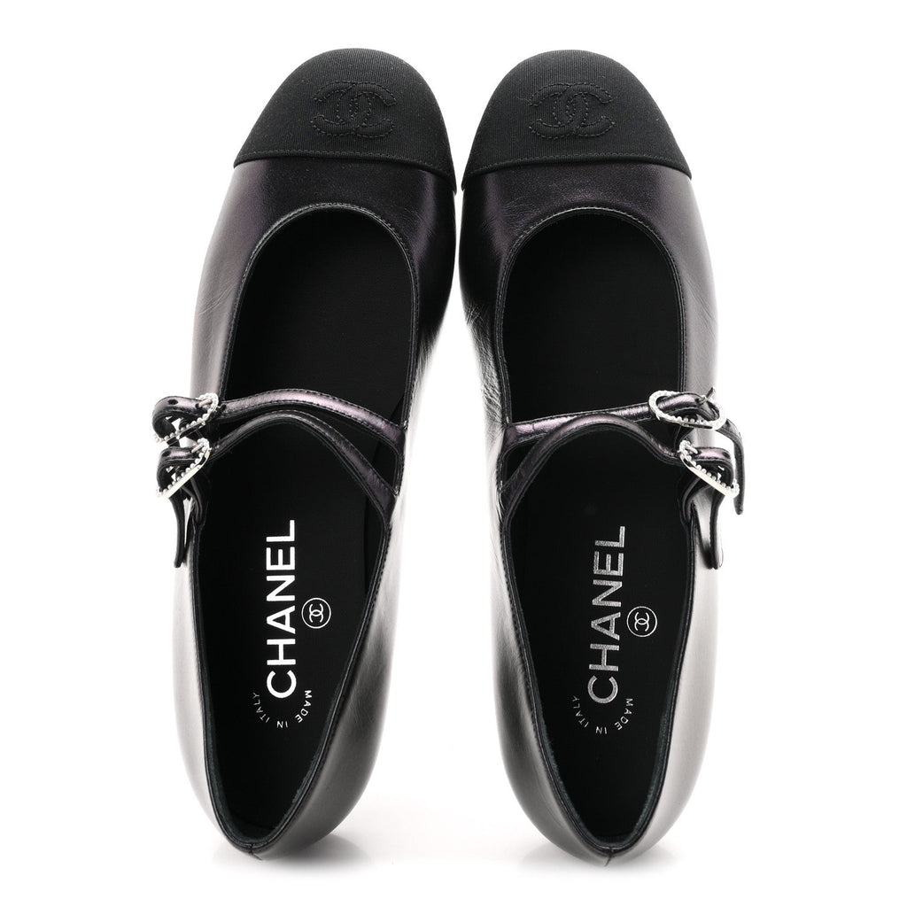 Chanel Lambskin Grosgrain Pearl Mary Jane Women's Flats Black