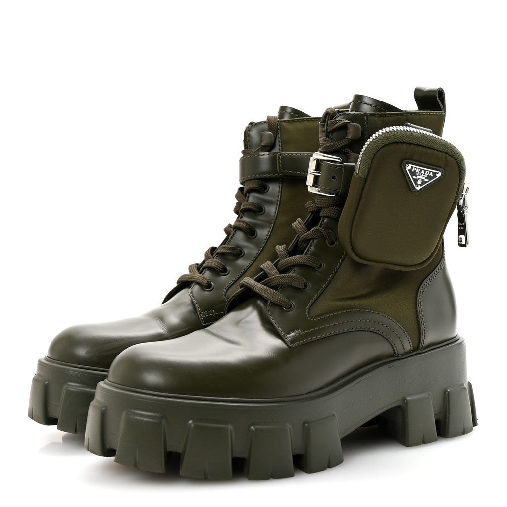 Prada Spazzolato Re-Nylon Women's Monolith 55mm Boots 37.5 Militare