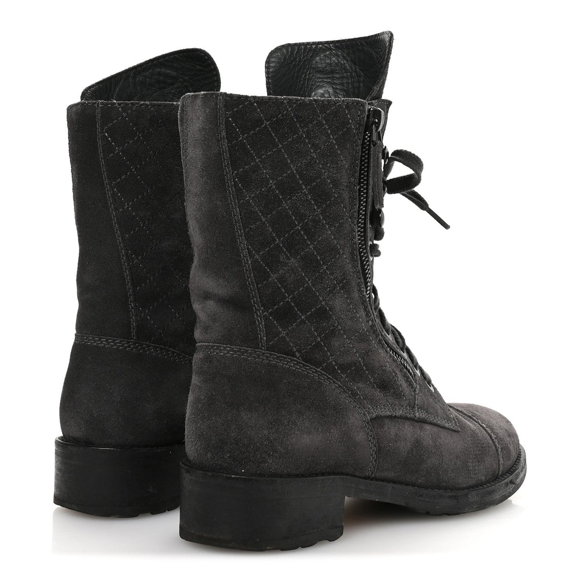 Chanel Suede Women's Quilted CC Tall Lace Up Combat Boots 38 Grey