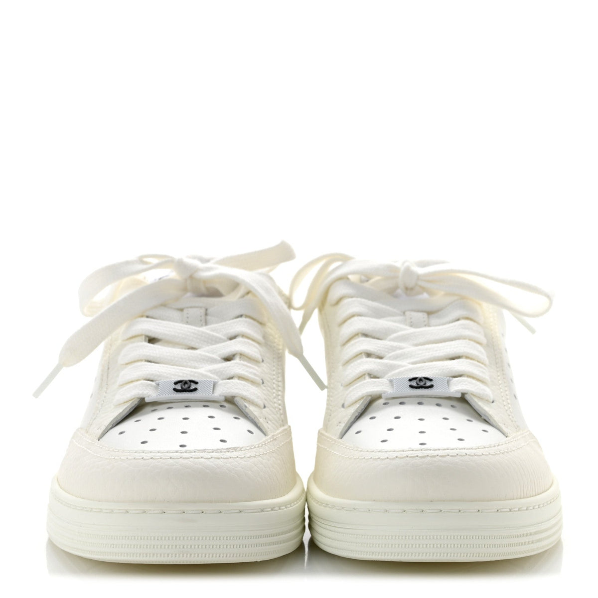 Chanel Grained Calfskin Fabric Women's Logo Sneakers 37.5 White